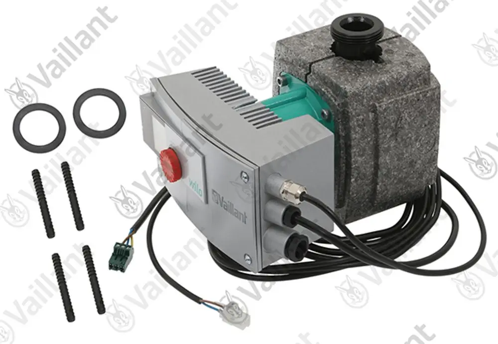 Vaillant Pumpe mit grauem Gehäuse, grüner Motor, Anschlusskabeln, Schrauben und Dichtungsringen, zur Verwendung in Heizungsanwendungen.